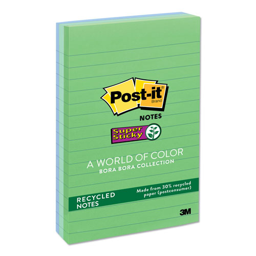 Post-it® Recycled Notes in Oasis Collection Colors, Note Ruled, 4" x 6", 90 Sheets/Pad, 3 Pads/Pack