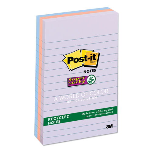 Post-it® Recycled Notes in Wanderlust Pastels Collection Colors, Note Ruled, 4" x 6", 90 Sheets/Pad, 3 Pads/Pack