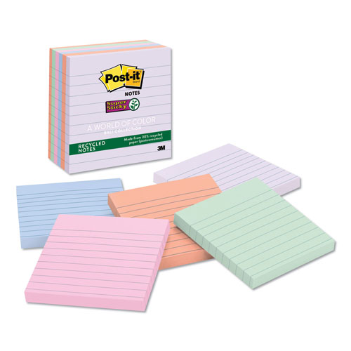 Post-it® Recycled Notes in Wanderlust Pastels Collection Colors, Note Ruled, 4" x 4", 90 Sheets/Pad, 6 Pads/Pack