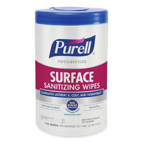 Purell Foodservice Surface Sanitizing Wipes, Fragrance-Free, 10 x 7, 110/Canister, 6 Canisters/Carton