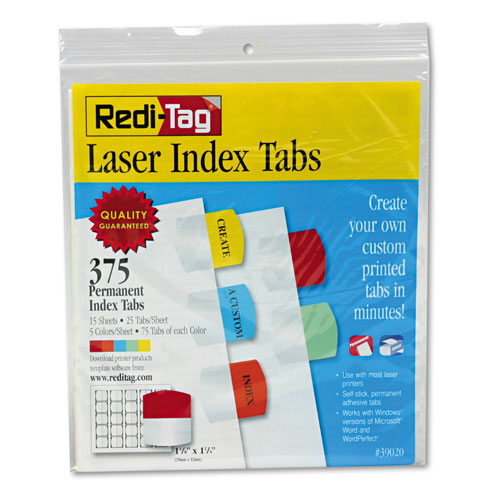 Redi-Tag/B. Thomas Enterprises Inkjet Printable Index Tabs, 1/5-Cut Tabs, Assorted Colors, 1.13" Wide, 375/Pack