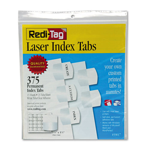Redi-Tag/B. Thomas Enterprises Laser Printable Index Tabs, 1/5-Cut Tabs, White, 1.13" Wide, 375/Pack