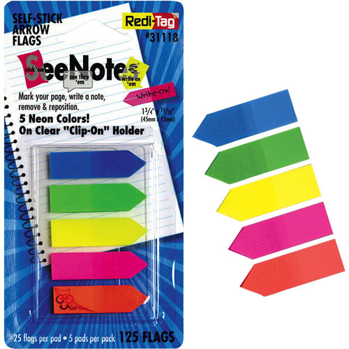 Redi-Tag/B. Thomas Enterprises Removable Small Arrow Page Flags, Blue, Green, Orange Pink, Yellow, 125/Pack