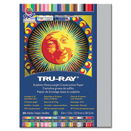 Riverside Paper Tru-Ray Construction Paper, 76 lbs., 9 x 12, Gray, 50 Sheets/Pack