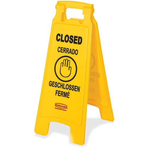 Rubbermaid Floor Sign, Closed, Multi-Lingual, 2-sided, 6/CT, Yellow