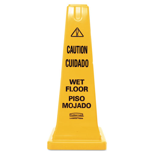 Rubbermaid Four-Sided Caution, Wet Floor Safety Cone, 10 1/2w x 10 1/2d x 25 5/8h, Yellow