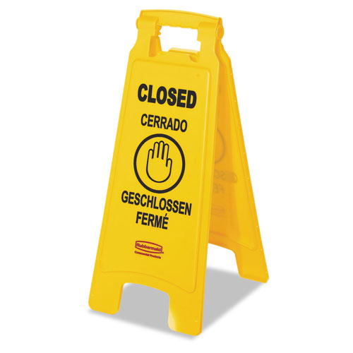 Rubbermaid Multilingual "Closed" Sign, 2-Sided, Plastic, 11w x 12d x 25h, Yellow