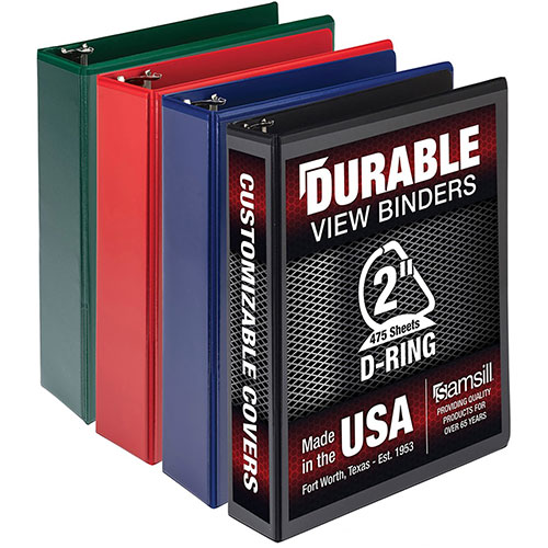 Samsill Durable D-Ring View Binders, 3 Rings, 2" Capacity, 11 x 8.5, Black/Blue/Green/Red, 4/Pack