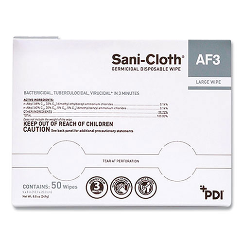 Sani Professional Sani-Cloth AF3 Germicidal Disposable Wipes, Large, 1-Ply, 8" x 5", Unscented, White, 50/Pack, 10 Packs/Carton