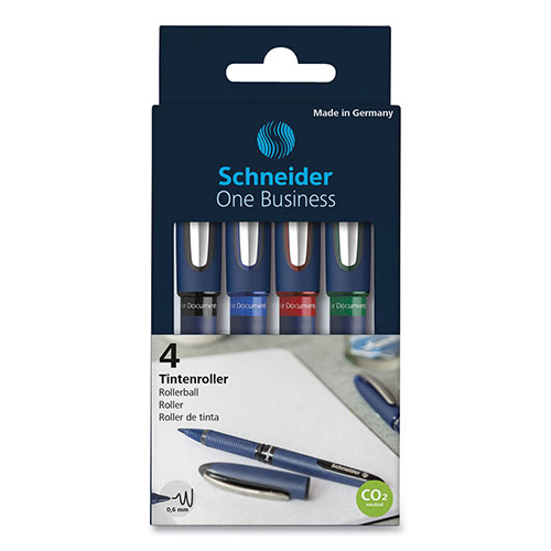 Schneider One Business Rollerball Pen, Stick, Fine 0.6 mm, Assorted Ink and Barrel Colors, 4/Pack