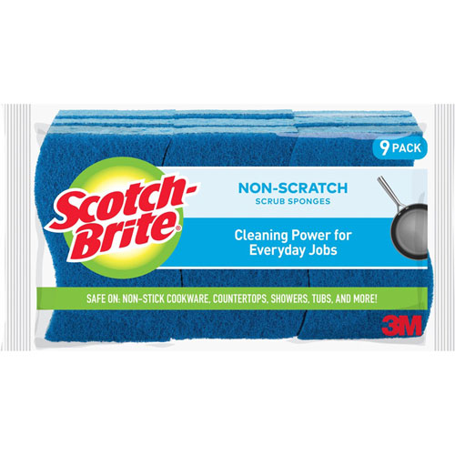 Scotch Brite® Non-Scratch Scrub Sponges, 0.8", x 4.3" x 2.8" Depth, 9/Pack, Cellulose, Blue