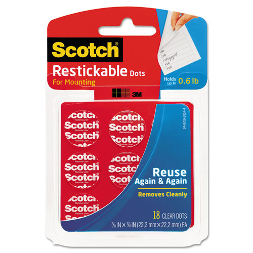 Scotch™ Restickable Mounting Tabs, Repositionable, Holds Up to 0.6 lb, 0.88 x 0.88, Clear, 18/Pack