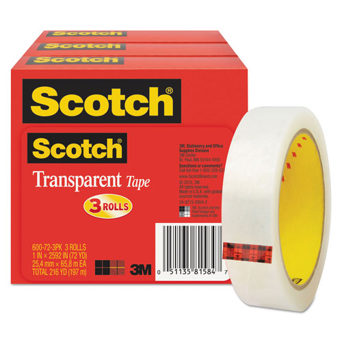 Scotch™ Transparent Tape, 3" Core, 1" x 72 yds, Transparent, 3/Pack