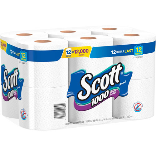 Scott® 1000 1-ply 12Roll Bath Tissue, 1 Ply, 3.70" x 4.10", 1000 Sheets/Roll, White, Absorbent, For Bathroom, Office Building, Public Facilities, School, 12/Each