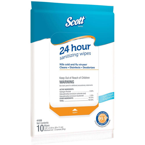 Scott® 24 Hour Sanitizing Wipes, Wipe, Fresh Scent, 4.33" x 7.87" Length, 10/Softpack, 50/Carton, White