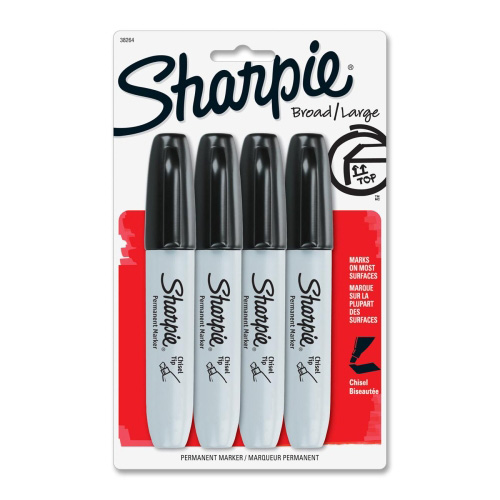 Sharpie® Permanent Markers, 5.3mm Chisel Tip, Black, 4/Pack