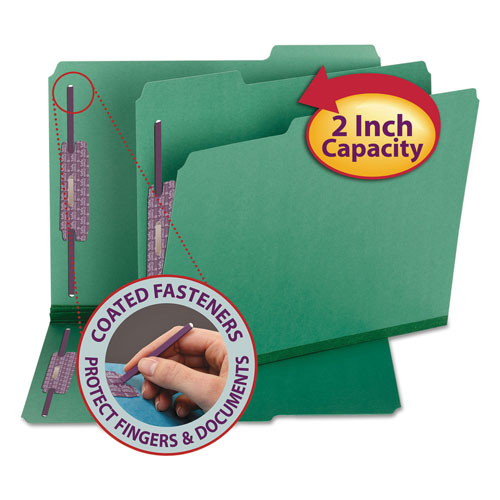 Smead Colored Pressboard Folders with Two SafeSHIELD Coated Fasteners, 1/3-Cut Tabs, Letter Size, Green, 25/Box