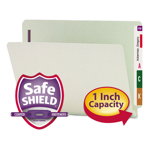 Smead End Tab 1" Expansion Pressboard File Folders w/Two SafeSHIELD Coated Fasteners, Straight Tab, Letter Size, Gray-Green, 25/Box