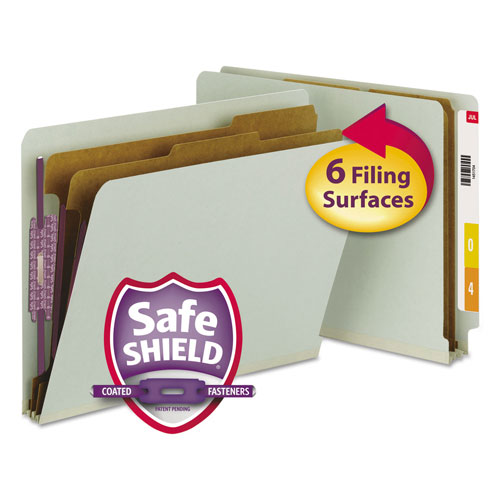 Smead End Tab Pressboard Classification Folders with SafeSHIELD Coated Fasteners, 2 Dividers, Letter Size, Gray-Green, 10/Box