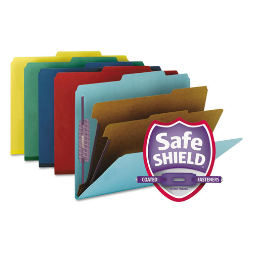 Smead Six-Section Pressboard Top Tab Classification Folders with SafeSHIELD Fasteners, 2 Dividers, Letter Size, Assorted, 10/Box