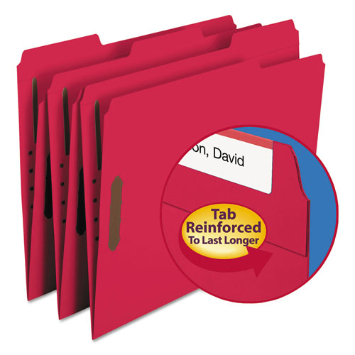 Smead Top Tab Colored 2-Fastener Folders, 1/3-Cut Tabs, Letter Size, Red, 50/Box