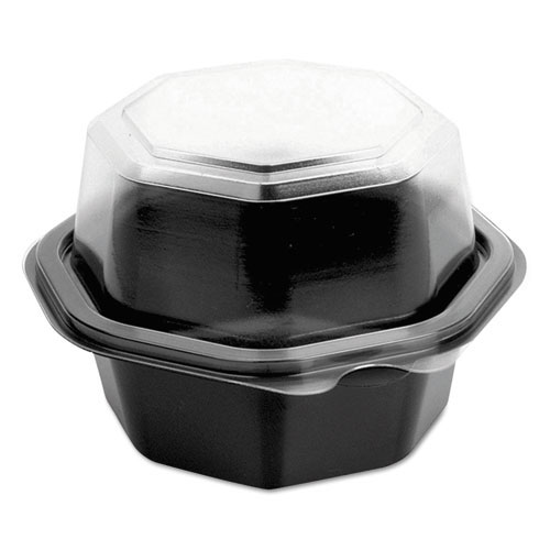 Solo OctaView Hinged-Lid CF Containers, Black/Clear, 6oz, 4.5" dia x 2.4h, 300/Carton