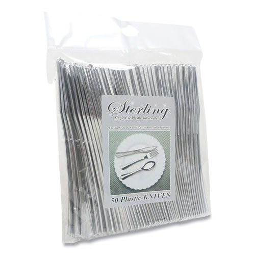 Tablemate Sterling Heavy-Duty Plastic Cutlery, Knives, Silver, 50/Pack