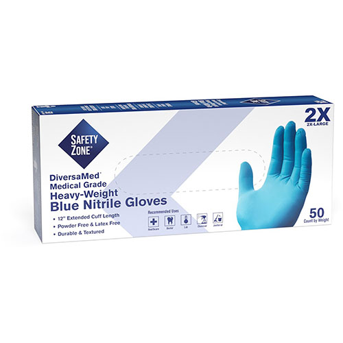 The Safety Zone 12" Powder Free Blue Nitrile Gloves - XXL Size - Blue