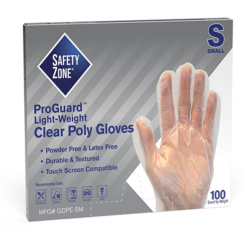 The Safety Zone Clear Powder Free Polyethylene Gloves - Small Size - 100 / Box - 11.75" Glove Length
