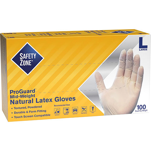 The Safety Zone Powdered Natural Latex Gloves - Polymer Coating - Large Size - Natural - Allergen-free, Silicone-free, Powdered - 9.65" Glove Length