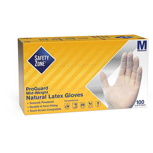 The Safety Zone Powdered Natural Latex Gloves - Polymer Coating - Medium Size - Natural - Allergen-free, Silicone-free, Powdered - 9.65" Glove Length