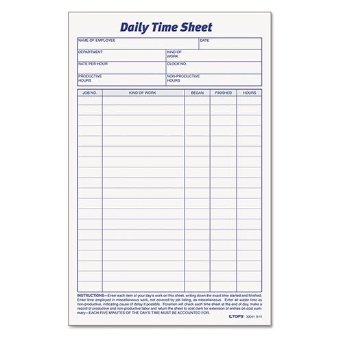 TOPS Daily Time and Job Sheets, 8.5 x 5.5, 1/Page, 200 Forms/Pad, 2 Pads/Pack