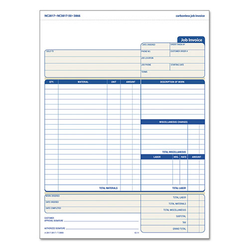 TOPS Snap-Off Job Invoice Form, Three-Part Carbonless, 8.5 x 11.63, 1/Page, 50 Forms