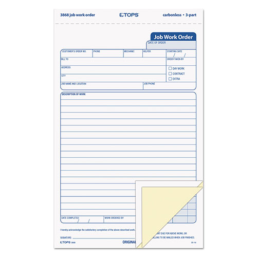 TOPS Snap-Off Job Work Order Form, Three-Part Carbonless, 5.66 x 8.63, 1/Page, 50 Forms