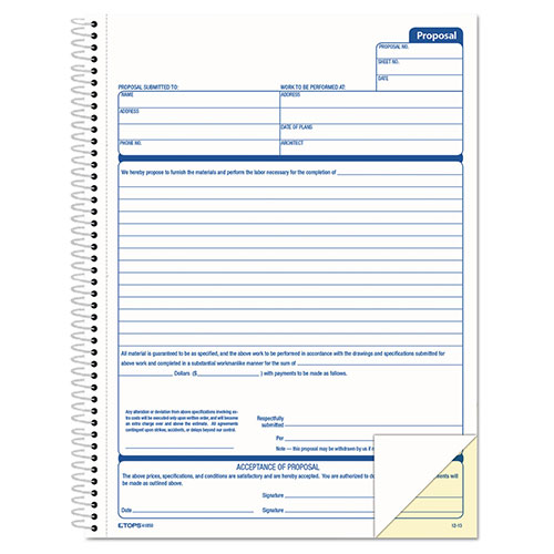 TOPS Spiralbound Proposal Form Book, Two-Part Carbonless, 8.5 x 11, 1/Page, 50 Forms