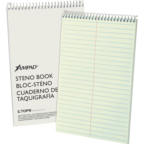 TOPS Steno Book, 15 lb., Gregg Ruled, 60 Sheets, 6" x 9", GN Tint