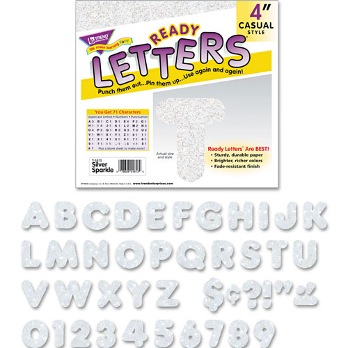 Trend Enterprises Ready Letters Sparkles Letter Set, Silver Sparkle, 4"h, 71/Set
