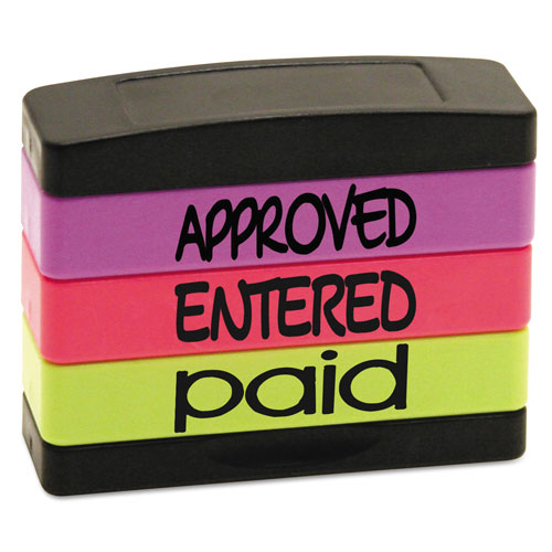 U.S. Stamp & Sign Stack Stamp, APPROVED, ENTERED, PAID, 1 13/16 x 5/8, Assorted Fluorescent Ink