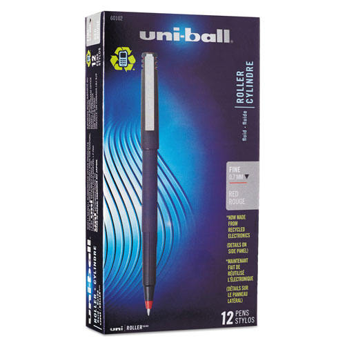 Uni-Ball Stick Roller Ball Pen, Fine 0.7mm, Red Ink, Black Matte Barrel, Dozen
