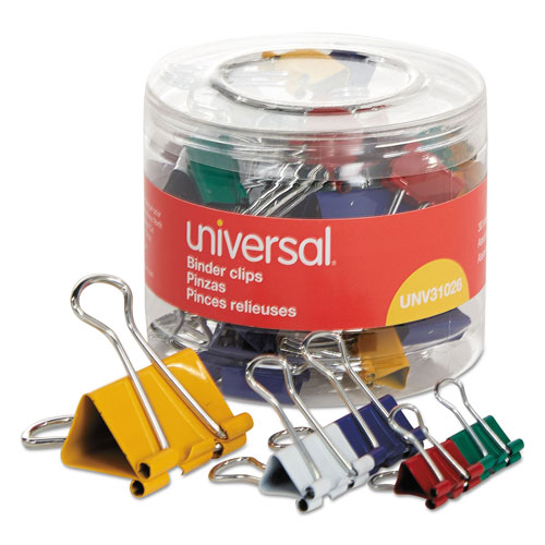 Universal Binder Clips with Storage Tub, (12) Mini (0.5"), (12) Small (0.75"), (6) Medium (1.25"), Assorted Colors