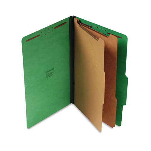 Universal Bright Colored Pressboard Classification Folders, 2" Expansion, 2 Dividers, 6 Fasteners, Legal Size, Emerald Green, 10/Box