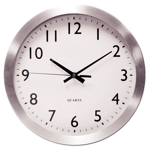 Universal Brushed Aluminum Wall Clock, 12" Overall Diameter, Silver Case, 1 AA (sold separately)