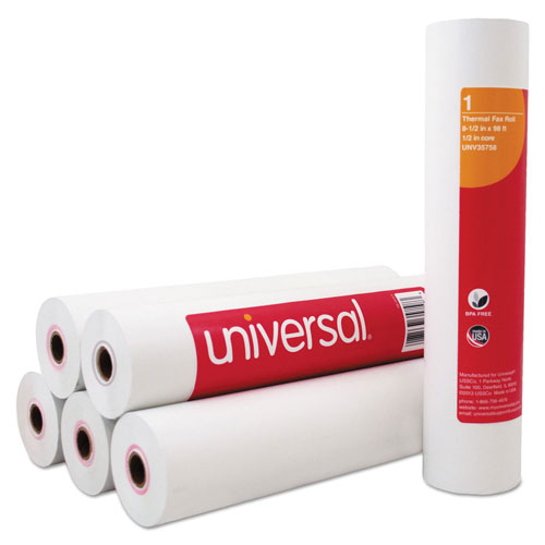 Universal Direct Thermal Printing Fax Paper Rolls, 0.5" Core, 8.5" x 98 ft, White, 6/Pack