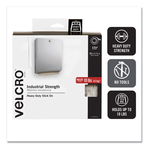 Velcro Industrial-Strength Heavy-Duty Fasteners with Dispenser Box, 2" x 15 ft, White