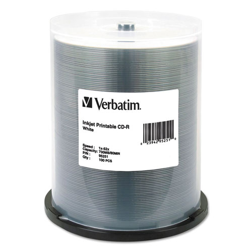 Verbatim CD-R, 700MB, 52X, White Inkjet Printable, 100/PK Spindle