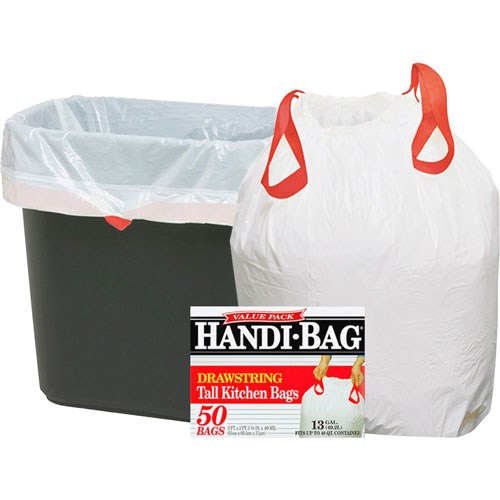 Webster White Drawstring Trash Bags, 13 Gallon, 0.7 Mil, 24" X 27", Box of 50