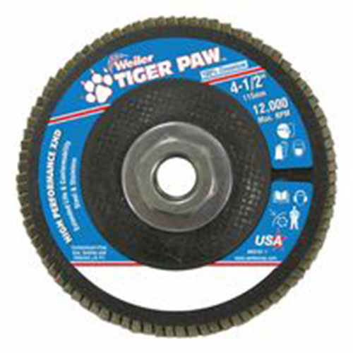 Weiler Tiger Paw Super High Density Flap Discs, 4 1/2in, 80 Grit, 5/8 Arbor, 12,000 rpm