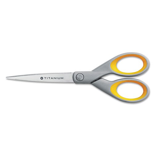 Westcott® Titanium Bonded Scissors, 7" Long, 3" Cut Length, Gray/Yellow Straight Handle