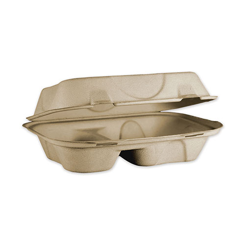 World Centric Fiber Hinged Hoagie Box Containers, 2 Compartments, 9 x 6 x 3, Natural, 500/Carton