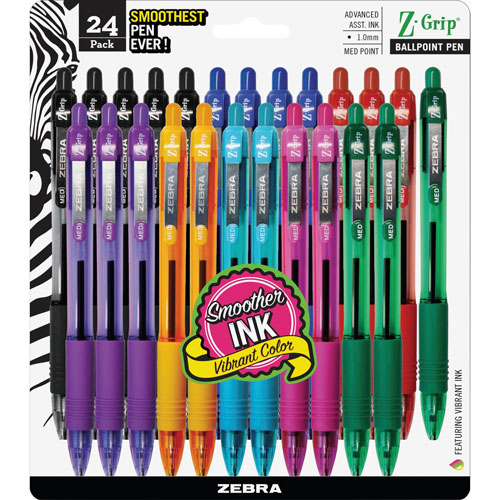 Zebra Pen Ballpoint Pen, Retractable, 1.0mm Point, 24/Pack, Clear Barrel, Ast Ink